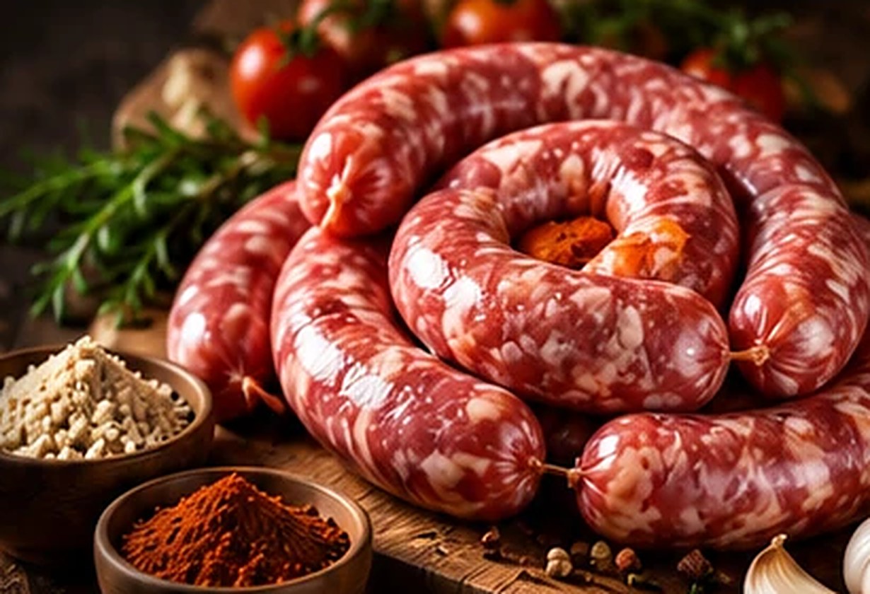Linguiça artesanal enrolada sobre tábua rústica com temperos