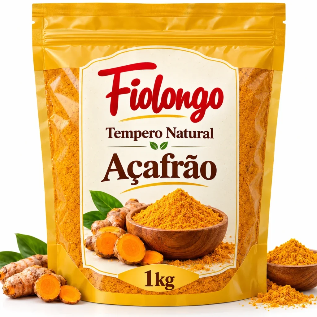 Embalagem ilustrativa de tempero natural açafrão da terra em pó 1kg Fiolongo